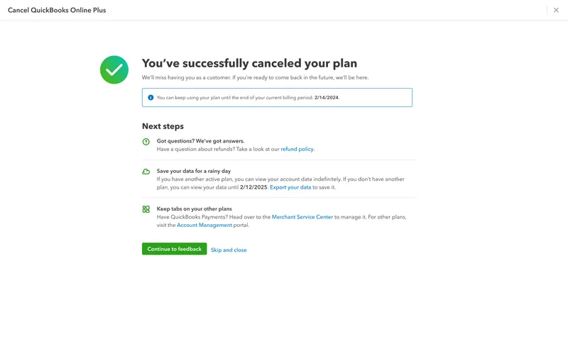 QuickBooks cancellation confirmation screen