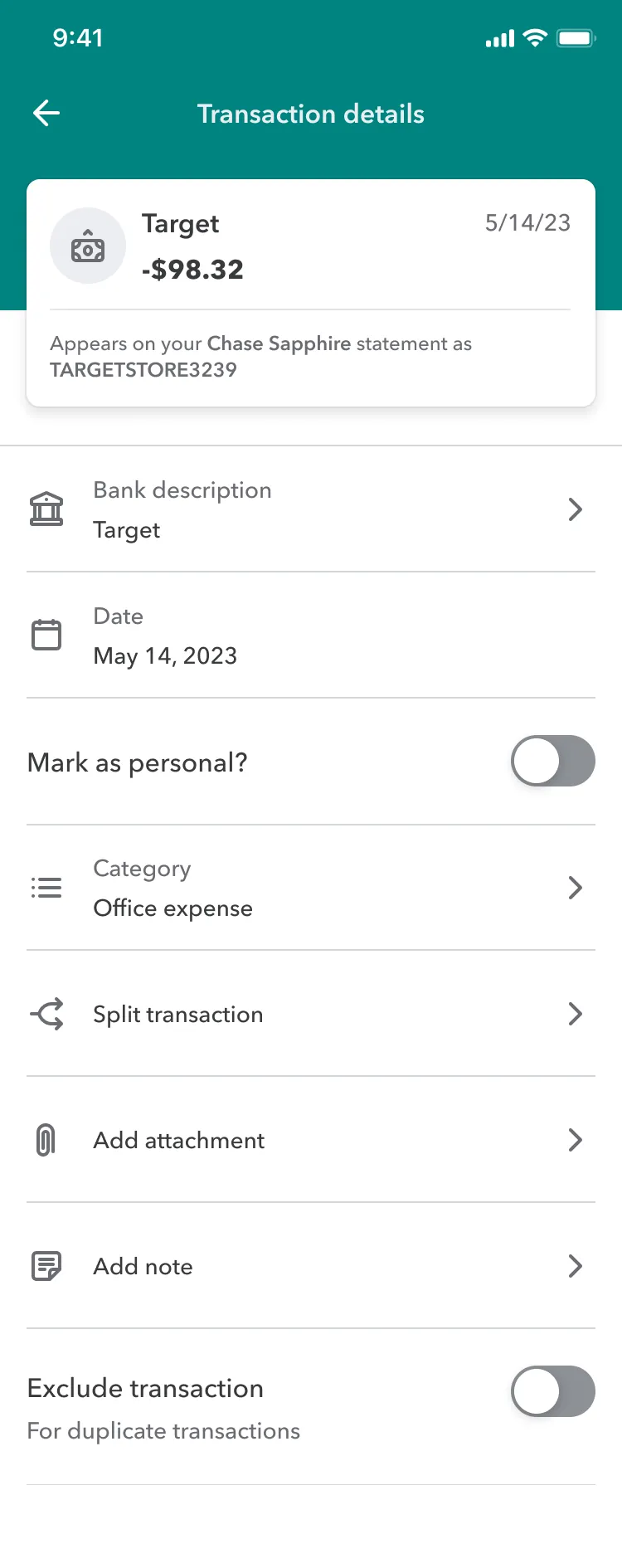 Transaction detail screen showing expense categorization